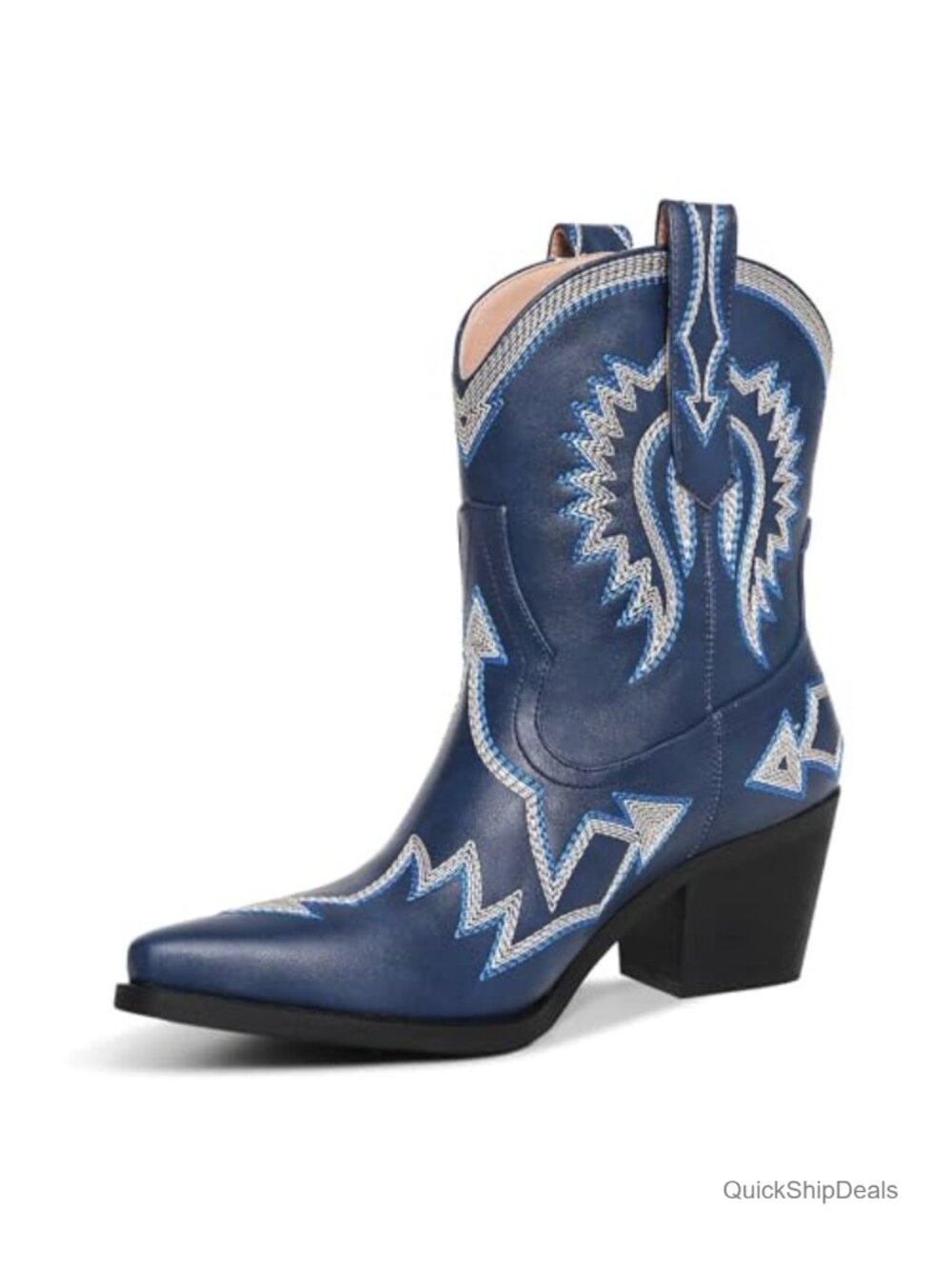 Wide Calf Embroidered Western Ankle Cowboy Boots Chunky Pointed Toe